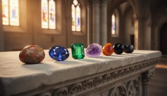 Seven polished gemstones—deep red jasper, royal blue sapphire, vivid green emerald, banded agate, purple amethyst, black onyx, and orange-red carnelian—arranged on a carved limestone altar edge in a historic chapel, warmly side-lit with stained-glass color and blurred stone arches in the background.