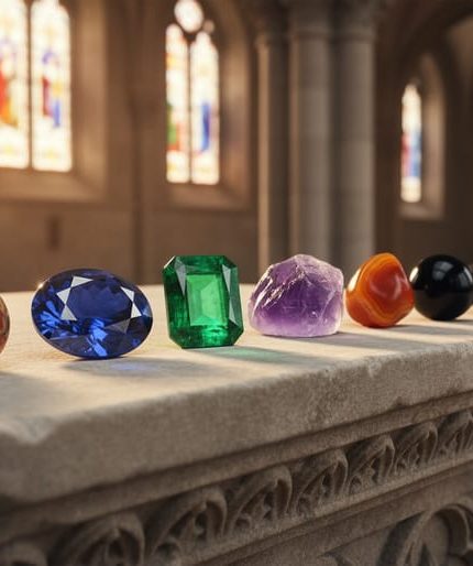 Seven polished gemstones—deep red jasper, royal blue sapphire, vivid green emerald, banded agate, purple amethyst, black onyx, and orange-red carnelian—arranged on a carved limestone altar edge in a historic chapel, warmly side-lit with stained-glass color and blurred stone arches in the background.
