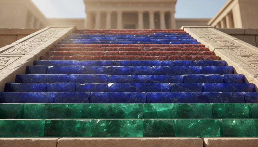 Close-up of colorful ancient stone foundation blocks including jasper, sapphire, and emerald-toned stones