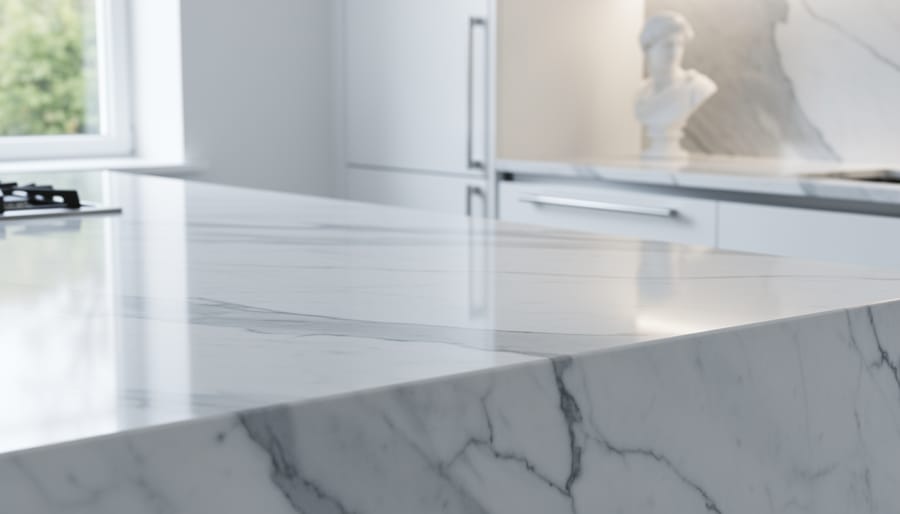Close-up of a polished white Carrara marble kitchen countertop with gray veining, side-lit to show subtle translucency, with a softly blurred modern kitchen and a small classical marble bust in the background.