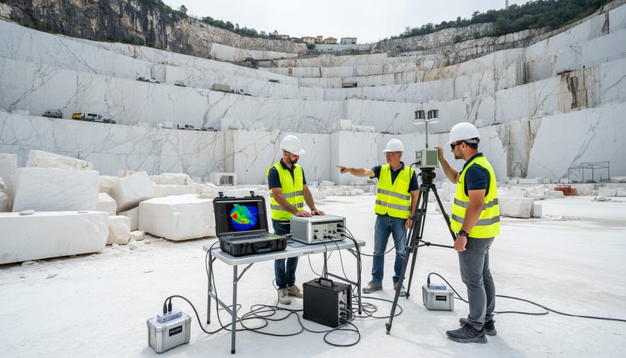 White Carrara marble quarry face showing natural stone layers and extraction patterns