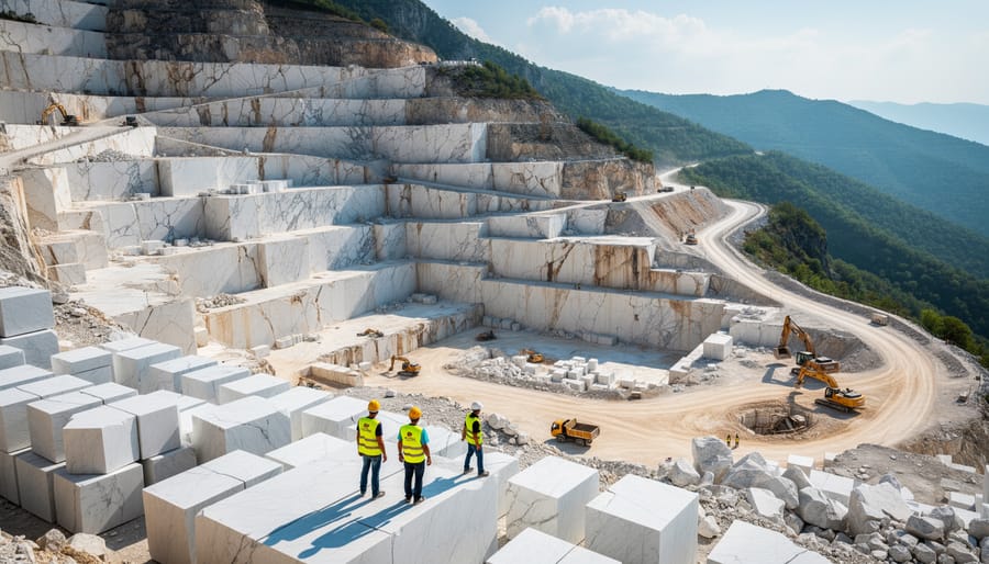 Close-up of Carrara marble quarry face showing distinctive white and gray veining patterns