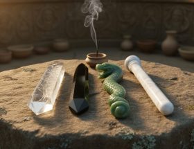 Close-up of four stone ceremonial wands—quartz, obsidian blade, jade serpent-head, and white marble baton—on a weathered stone altar with soft golden sidelight and faint incense smoke, with blurred stone carvings and ritual vessels in the background.