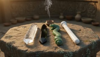 Close-up of four stone ceremonial wands—quartz, obsidian blade, jade serpent-head, and white marble baton—on a weathered stone altar with soft golden sidelight and faint incense smoke, with blurred stone carvings and ritual vessels in the background.
