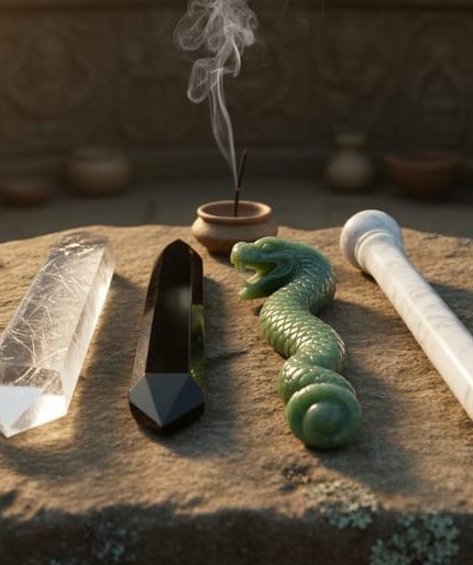 Close-up of four stone ceremonial wands—quartz, obsidian blade, jade serpent-head, and white marble baton—on a weathered stone altar with soft golden sidelight and faint incense smoke, with blurred stone carvings and ritual vessels in the background.