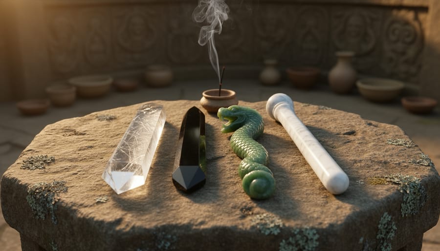 Close-up of four stone ceremonial wands—quartz, obsidian blade, jade serpent-head, and white marble baton—on a weathered stone altar with soft golden sidelight and faint incense smoke, with blurred stone carvings and ritual vessels in the background.