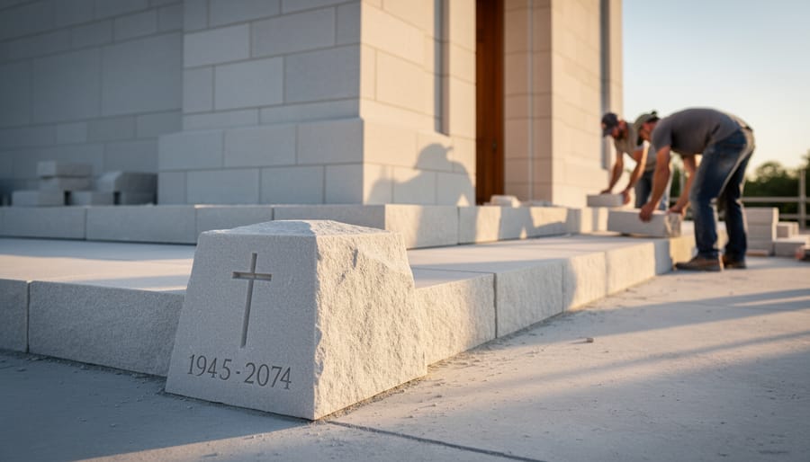 Limestone cornerstone at base of modern church building with architectural details