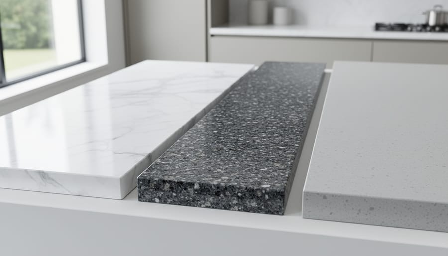 Side-by-side comparison of marble, granite, and quartz countertop material samples