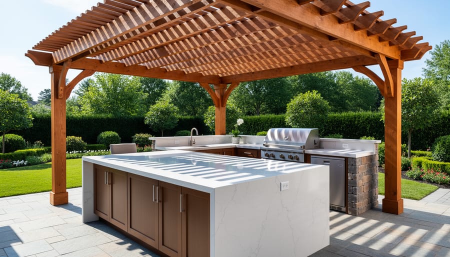 Outdoor kitchen with quartz countertop protected under wooden pergola structure