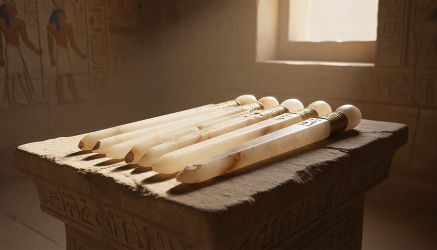 Ancient Egyptian alabaster ceremonial wand with hieroglyphic inscriptions in museum display