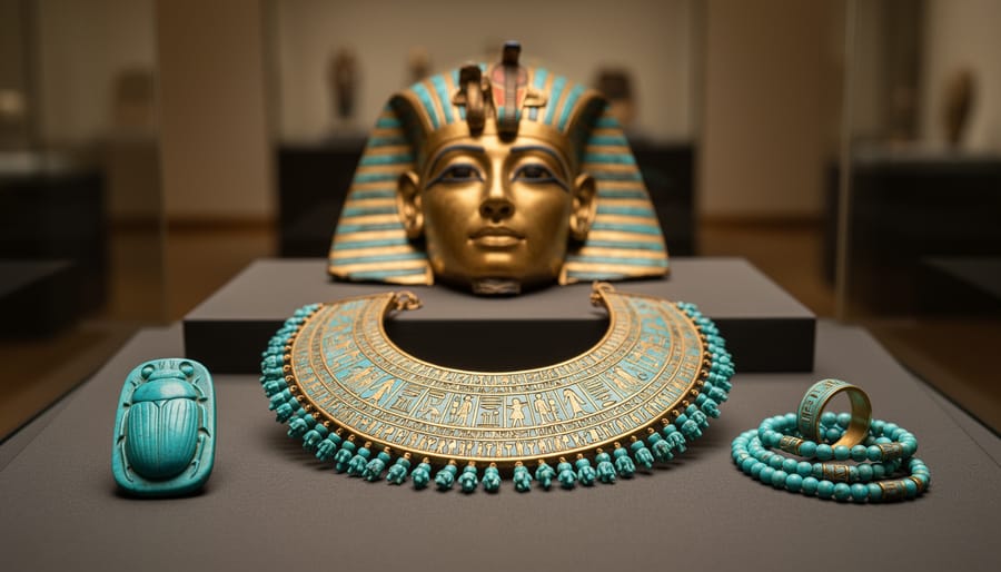 Ancient Egyptian turquoise jewelry and amulets on museum display