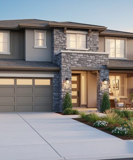 Two-story contemporary home with ledgestone accent wall framing the entry and garage, photographed at golden hour with landscaped front yard and a covered patio with stone fireplace in the background.