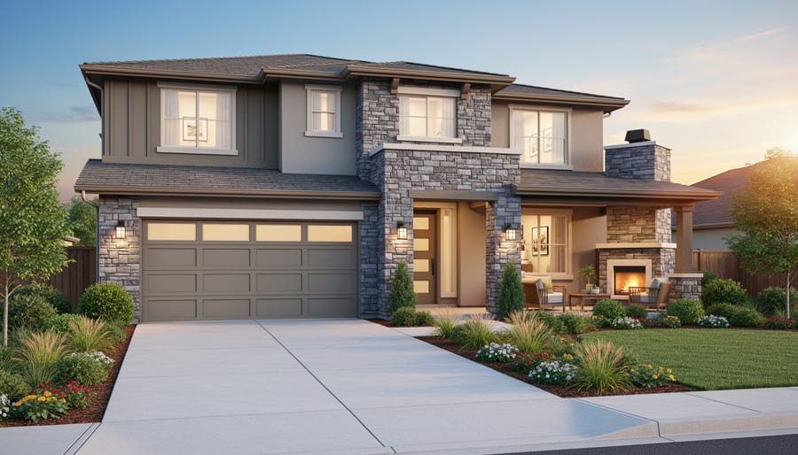 Two-story contemporary home with ledgestone accent wall framing the entry and garage, photographed at golden hour with landscaped front yard and a covered patio with stone fireplace in the background.