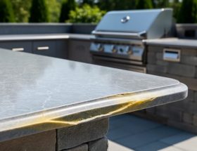 Close-up of an outdoor quartz countertop under harsh midday sun showing yellowed edges, faint warping, and micro-cracks, with a stainless-steel grill and stone island blurred in the background.