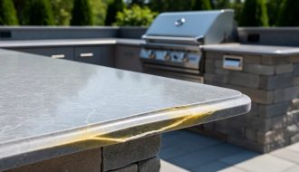 Close-up of an outdoor quartz countertop under harsh midday sun showing yellowed edges, faint warping, and micro-cracks, with a stainless-steel grill and stone island blurred in the background.