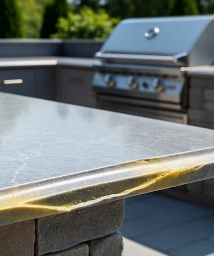Close-up of an outdoor quartz countertop under harsh midday sun showing yellowed edges, faint warping, and micro-cracks, with a stainless-steel grill and stone island blurred in the background.