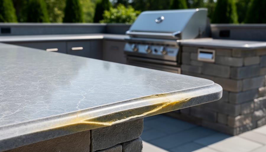 Close-up of an outdoor quartz countertop under harsh midday sun showing yellowed edges, faint warping, and micro-cracks, with a stainless-steel grill and stone island blurred in the background.
