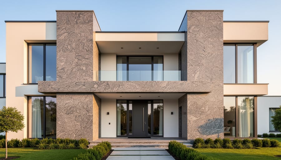 Modern home exterior featuring partial granite stone accent wall contrasting with stucco siding