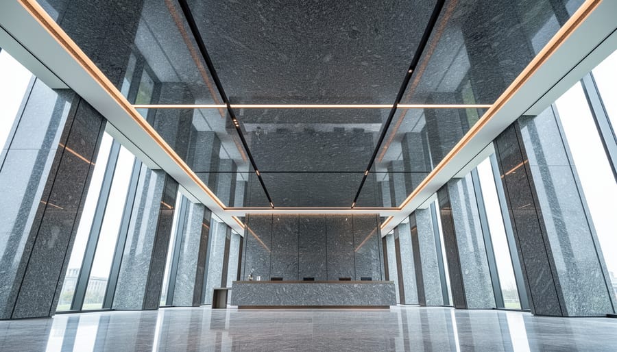 Low-angle view of a modern lobby showcasing a polished granite ceiling with coffered panels, reveal joints, and recessed LED lighting, with a minimal reception desk and stone walls fading into the background.
