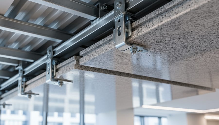 Steel mounting hardware and anchoring system for granite ceiling installation