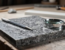 Close-up angled view of a polished granite sample with visible quartz and feldspar crystals, a metal hardness pick on the surface, and a jeweler’s loupe beside it under soft side lighting, with a blurred workshop and ceramic streak plate in the background.