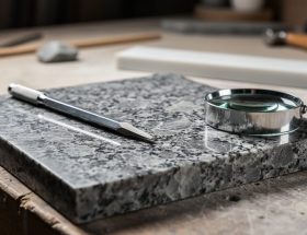 Close-up angled view of a polished granite sample with visible quartz and feldspar crystals, a metal hardness pick on the surface, and a jeweler’s loupe beside it under soft side lighting, with a blurred workshop and ceramic streak plate in the background.