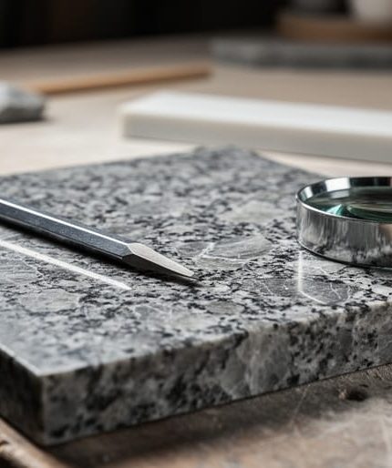 Close-up angled view of a polished granite sample with visible quartz and feldspar crystals, a metal hardness pick on the surface, and a jeweler’s loupe beside it under soft side lighting, with a blurred workshop and ceramic streak plate in the background.