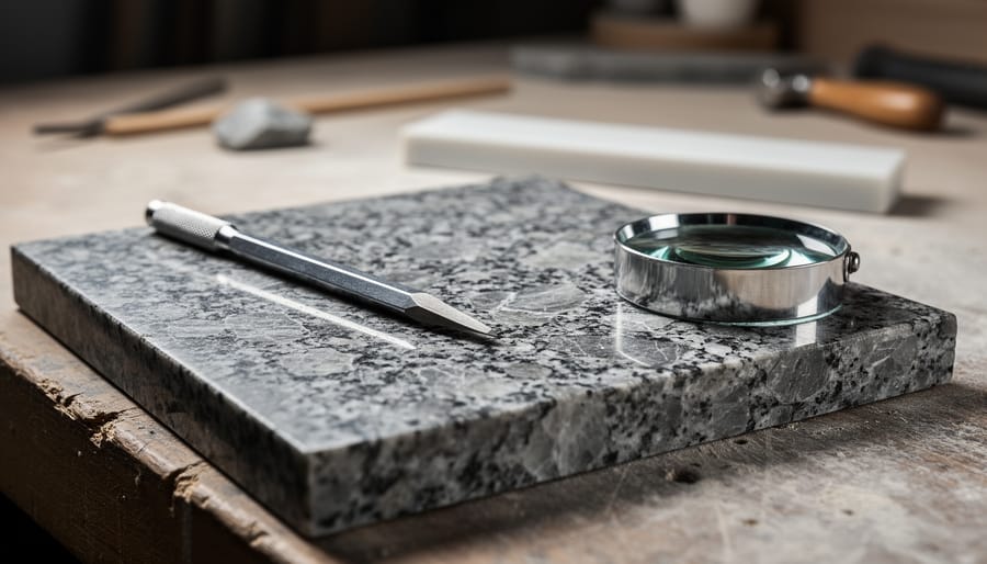 Close-up angled view of a polished granite sample with visible quartz and feldspar crystals, a metal hardness pick on the surface, and a jeweler’s loupe beside it under soft side lighting, with a blurred workshop and ceramic streak plate in the background.