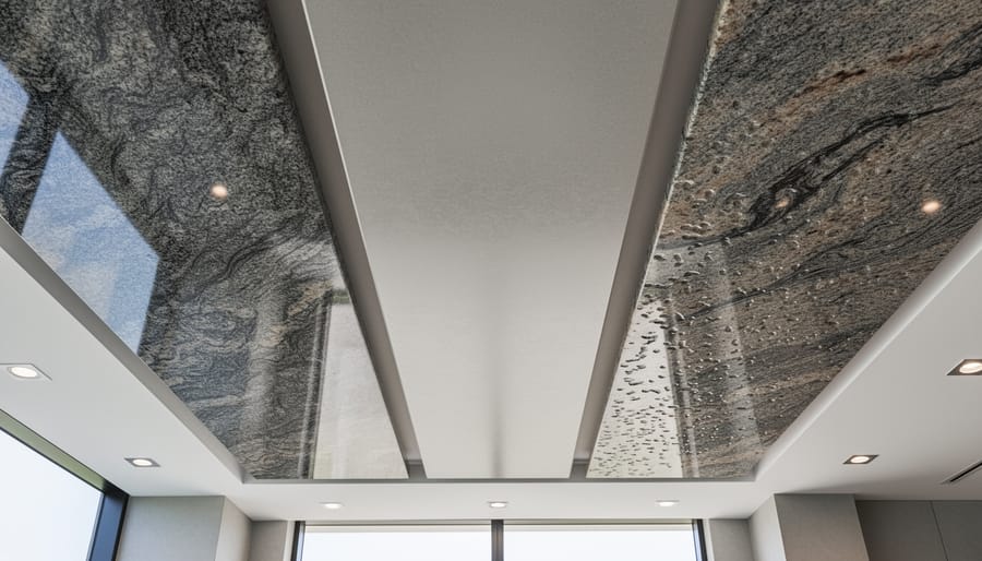 Comparison of granite surface finishes showing polished, honed, and leathered textures