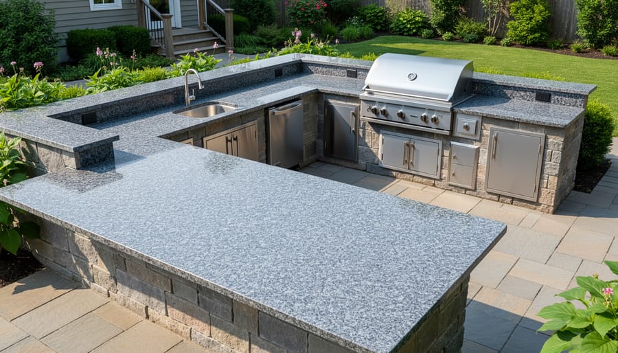 Outdoor kitchen with dark granite countertop and built-in grill in backyard setting