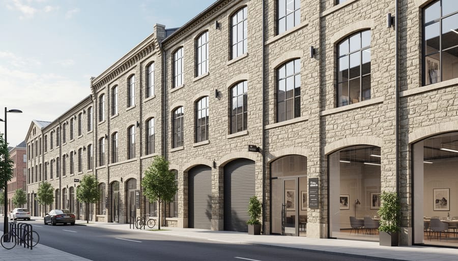 Historic limestone warehouse building with weathered stone walls and original arched windows