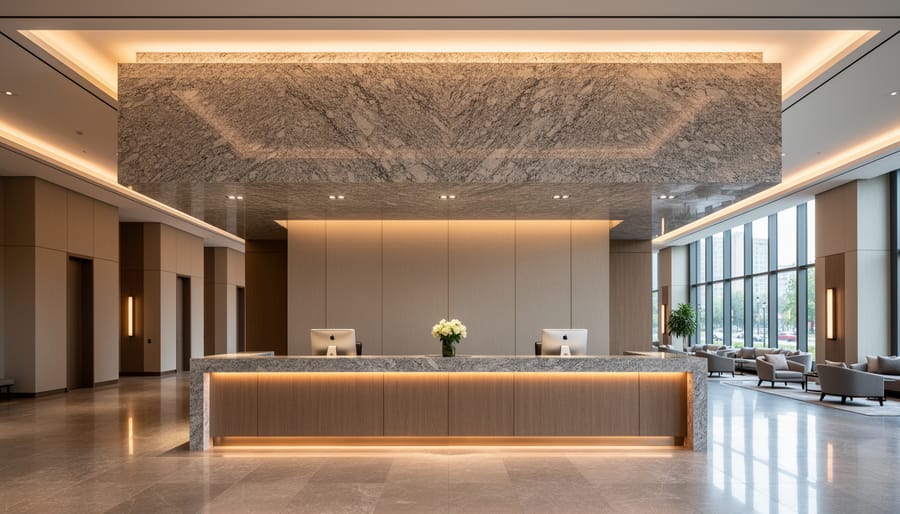 Luxury hotel lobby with decorative granite ceiling panel above reception desk