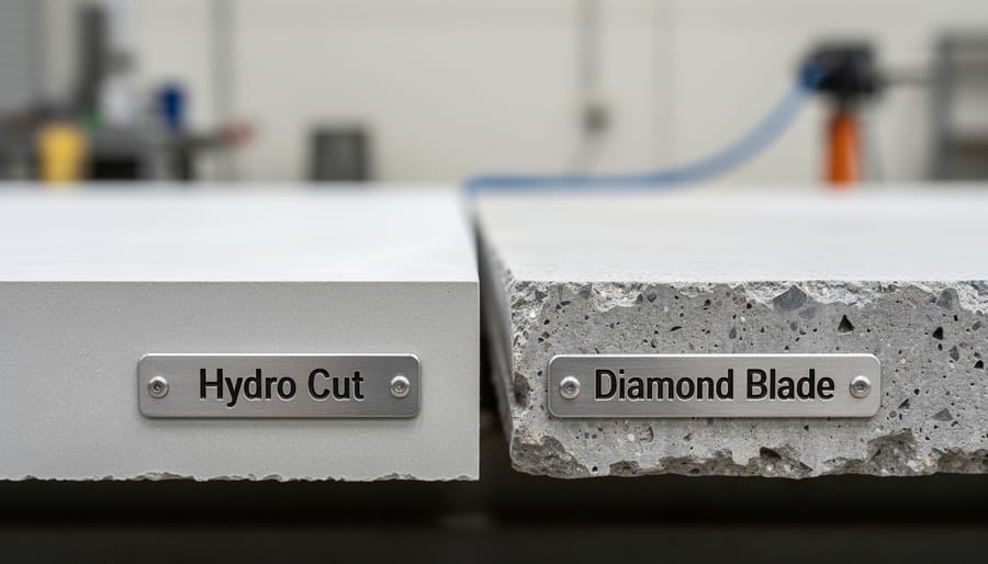 Comparison of smooth hydro-cut concrete edge versus rougher traditional cut edge