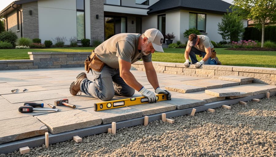 Hands installing natural flagstone pavers with sand base and jointing material