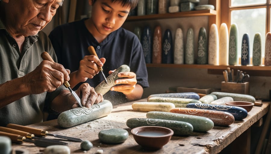 Artisan hands polishing jade ceremonial wand using traditional techniques