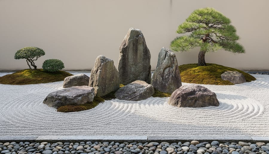 Japanese zen garden with raked gravel patterns and carefully placed large stones