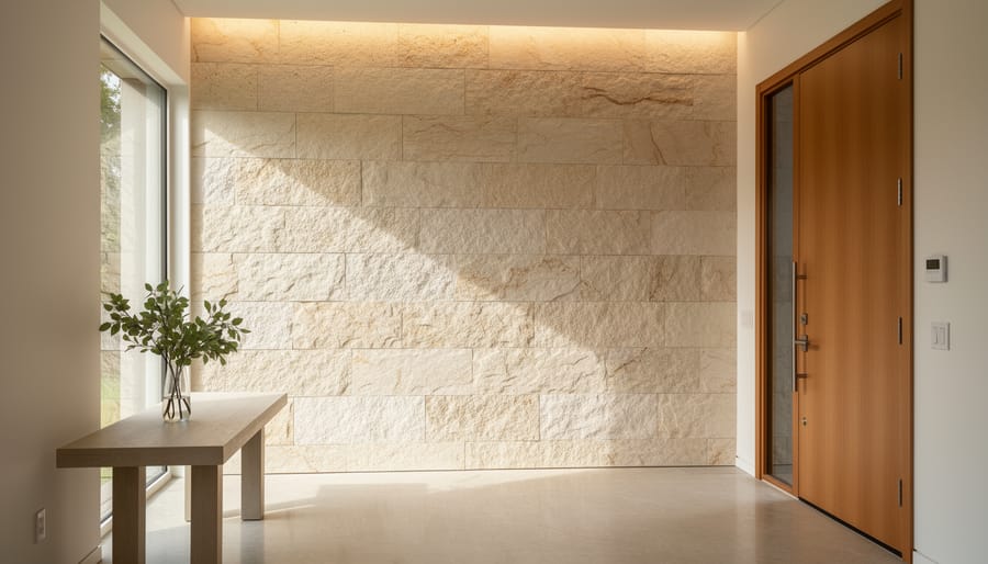 Modern home entrance with floor-to-ceiling natural limestone accent wall surrounding front door