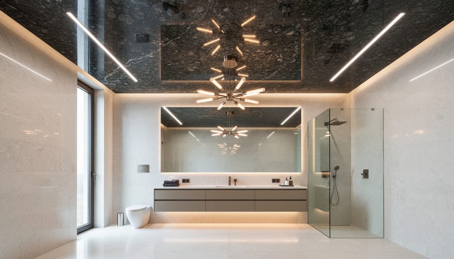 Black granite ceiling with white veining in modern luxury bathroom with recessed lighting