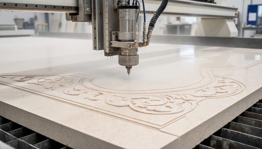 Detailed marble column capital with ornate carved patterns created by waterjet cutting