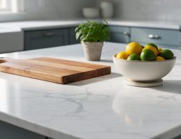 Polished white marble kitchen island with gray veining and slight patina, styled with a wooden cutting board and a citrus bowl on a coaster, soft natural light, blurred modern cabinets and a small potted herb in the background.