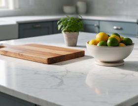 Polished white marble kitchen island with gray veining and slight patina, styled with a wooden cutting board and a citrus bowl on a coaster, soft natural light, blurred modern cabinets and a small potted herb in the background.