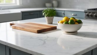 Polished white marble kitchen island with gray veining and slight patina, styled with a wooden cutting board and a citrus bowl on a coaster, soft natural light, blurred modern cabinets and a small potted herb in the background.