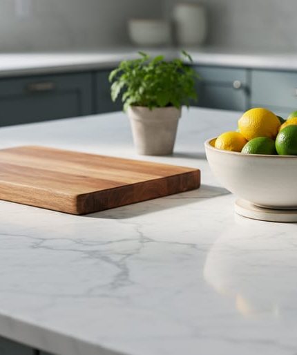 Polished white marble kitchen island with gray veining and slight patina, styled with a wooden cutting board and a citrus bowl on a coaster, soft natural light, blurred modern cabinets and a small potted herb in the background.