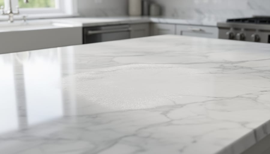 Close-up showing etching marks on marble surface caused by acidic liquids