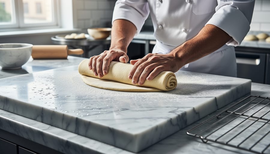 Chef rolling dough on white marble countertop showing natural cooling properties for pastry work