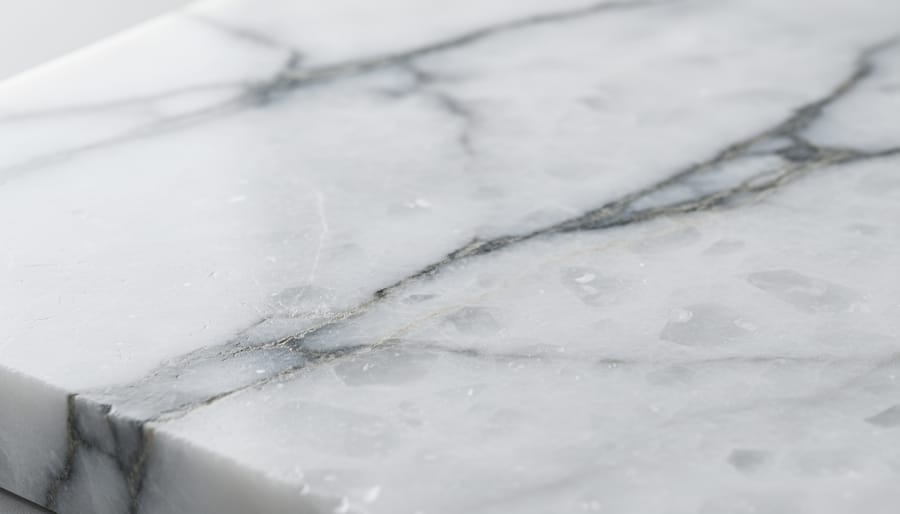 Close-up of polished white marble countertop showing natural gray veining patterns