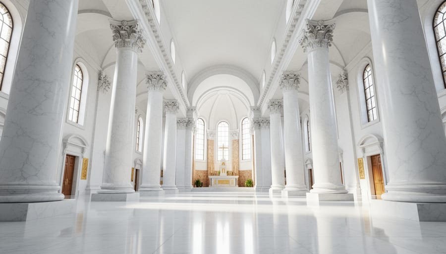 Interior view of white marble columns and arches in cathedral with natural lighting