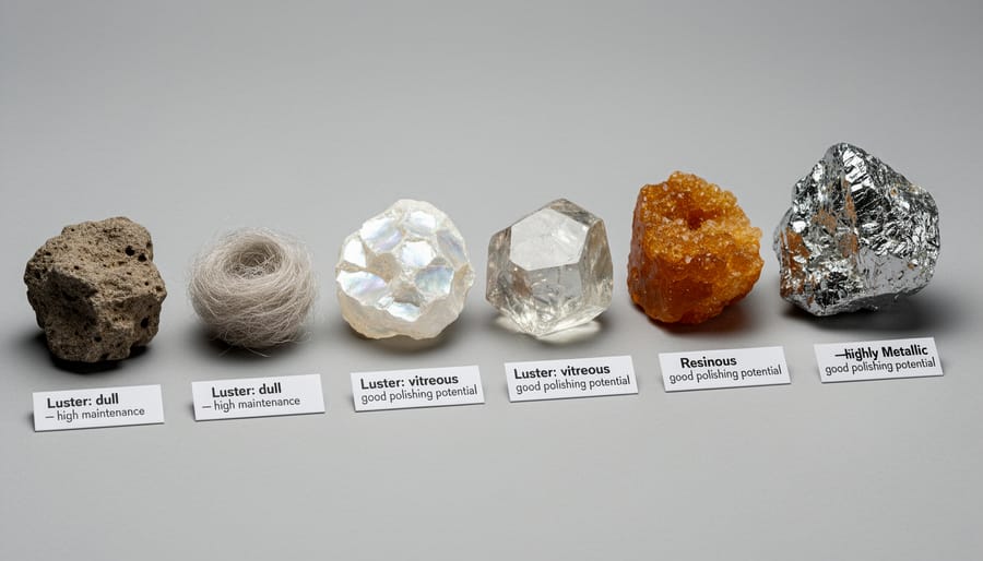 Collection of polished mineral specimens displaying different types of luster from metallic to vitreous