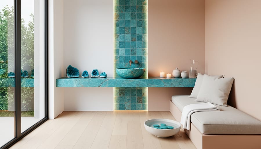 Modern bathroom interior with turquoise stone accent wall and contemporary fixtures