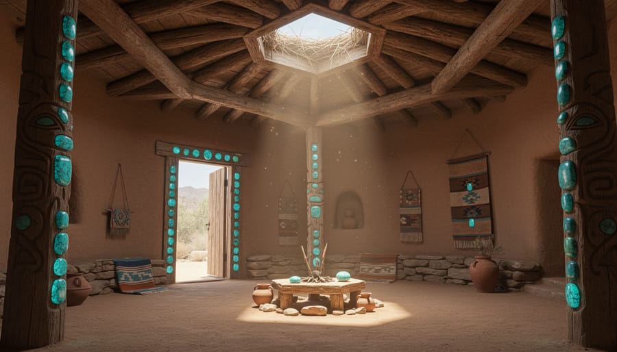 Turquoise stones embedded in adobe wall of Native American ceremonial building